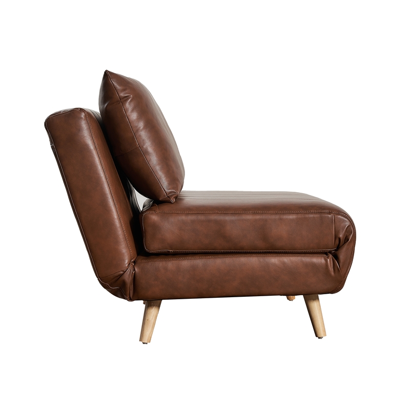 Convertible Tri-Fold Chair with Pillow and Hideaway Legs in Brown LeatherSoft