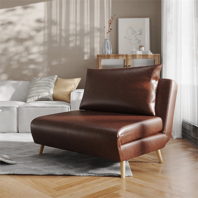 Convertible Tri-Fold Chair with Pillow and Hideaway Legs in Brown LeatherSoft