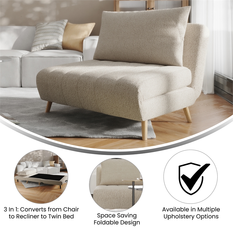 Convertible Tri-Fold Chair with Pillow and Hideaway Legs in Cream Boucle