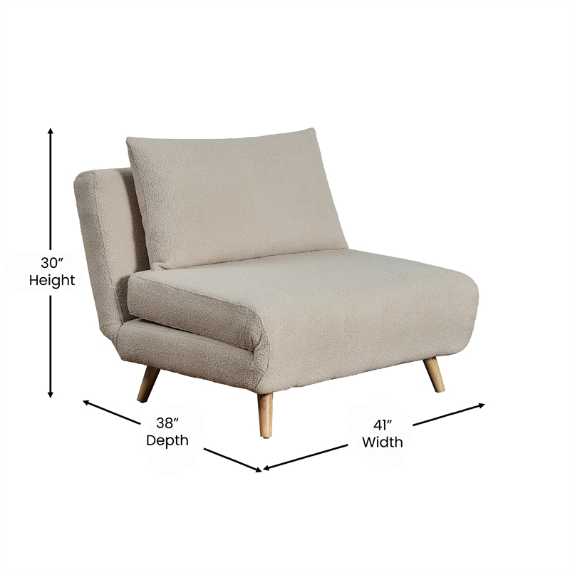 Convertible Tri-Fold Chair with Pillow and Hideaway Legs in Cream Boucle