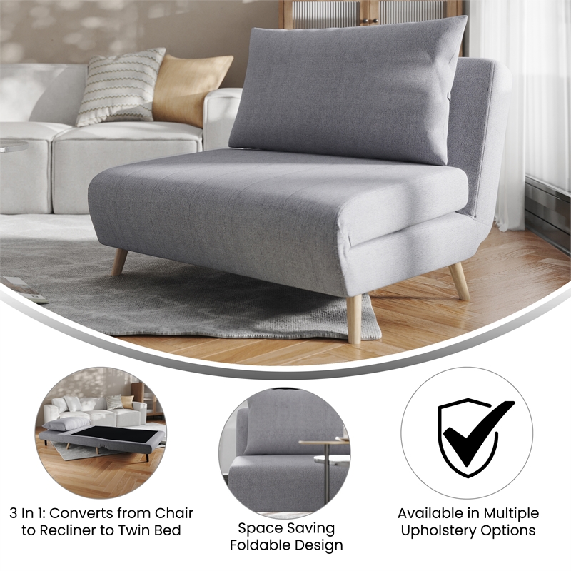 Convertible Tri-Fold Chair with Pillow and Hideaway Legs in Light Gray Fabric