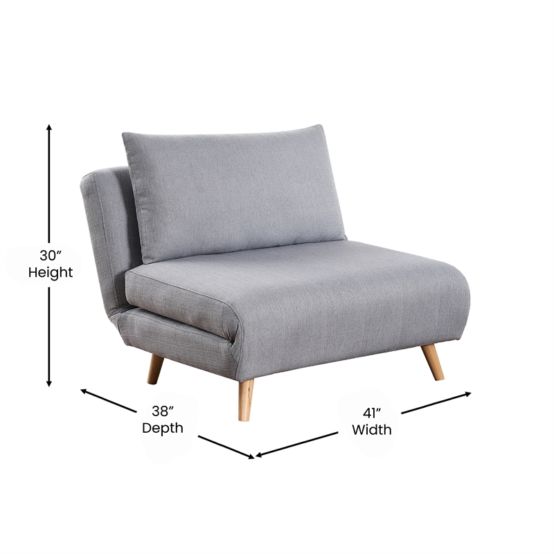 Convertible Tri-Fold Chair with Pillow and Hideaway Legs in Light Gray Fabric