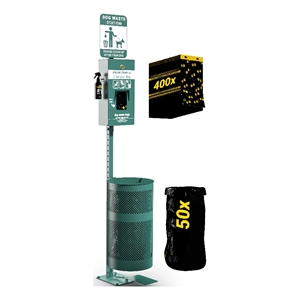 Pet Waste Station-Header Dispenser-Hand Sanitizer Bottle-Pedal Trash Can-Green