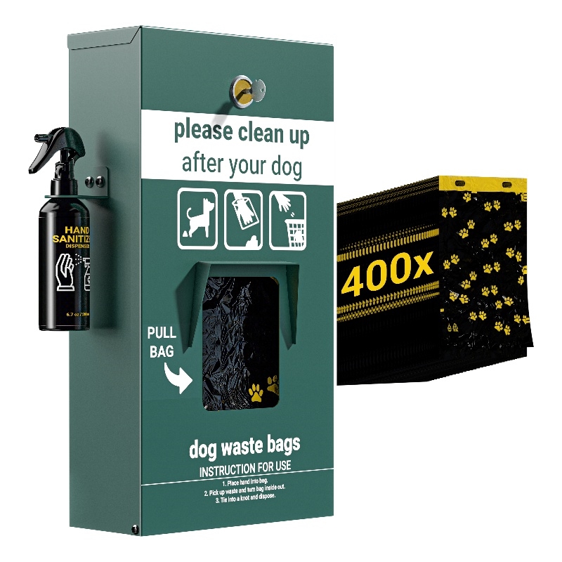 Mountable Locking Pull Out Pet Waste Bag Dispenser with Hand Sanitizer Bottle