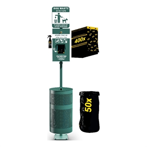 Pet Waste Station-Pull Out Bag Dispenser-Sanitizer Bottle-Trash Can w/Lid-Green