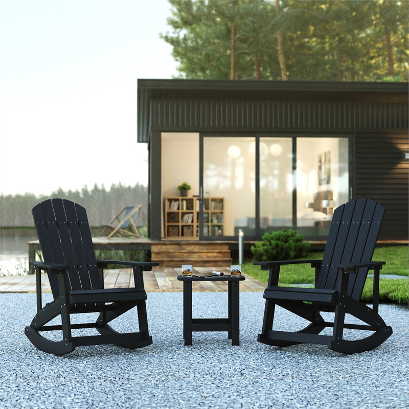 Set of 2 Poly Resin Adirondack Rocking Chairs with 1 Side Table in Black