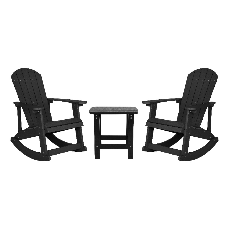 Set of 2 Poly Resin Adirondack Rocking Chairs with 1 Side Table in Black
