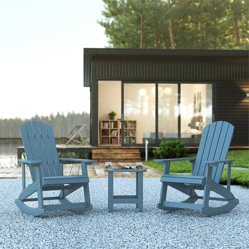 Set of 2 Poly Resin Adirondack Rocking Chairs with 1 Side Table in Sea Foam