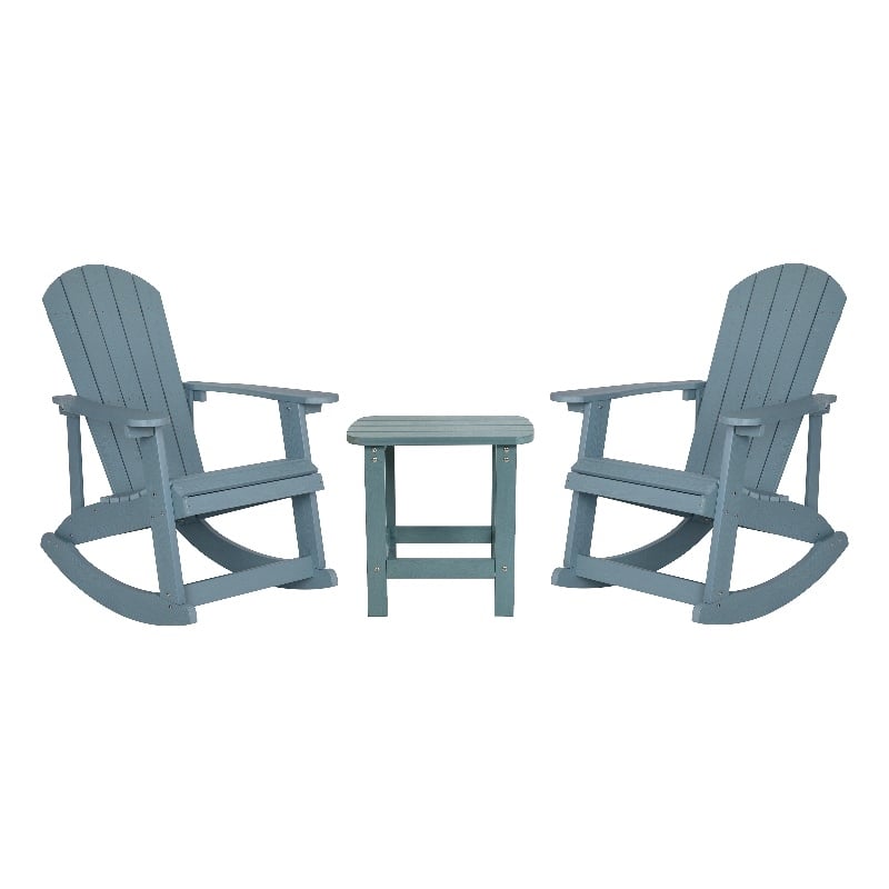 Set of 2 Poly Resin Adirondack Rocking Chairs with 1 Side Table in Sea Foam