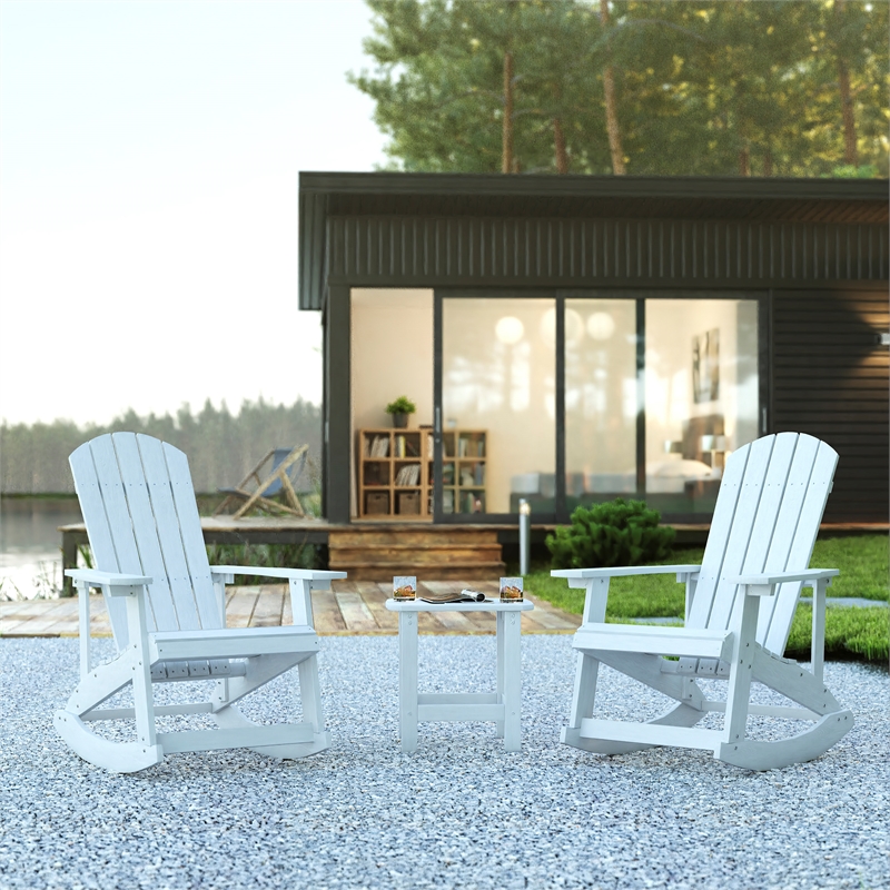 Set of 2 Poly Resin Adirondack Rocking Chairs with 1 Side Table in White