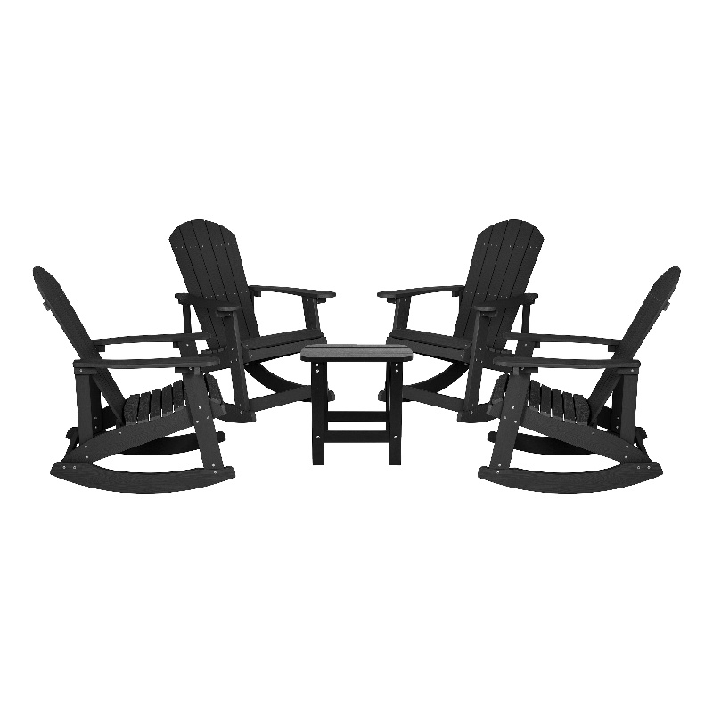 Set of 4 Poly Resin Adirondack Rocking Chairs with 1 Side Table in Black