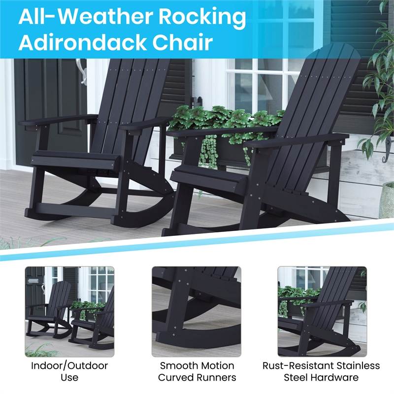 Set of 4 Poly Resin Adirondack Rocking Chairs with 1 Side Table in Black