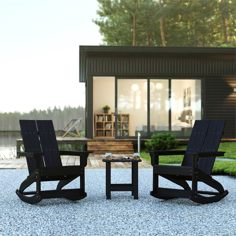 2 Black Modern Dual Slat Poly Resin Adirondack Rocking Chairs with 1 Side Table