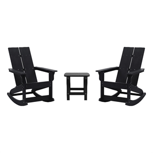 2 Black Modern Dual Slat Poly Resin Adirondack Rocking Chairs with 1 Side Table