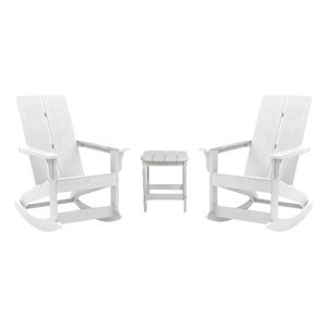 2 White Modern Dual Slat Poly Resin Adirondack Rocking Chairs with 1 Side Table