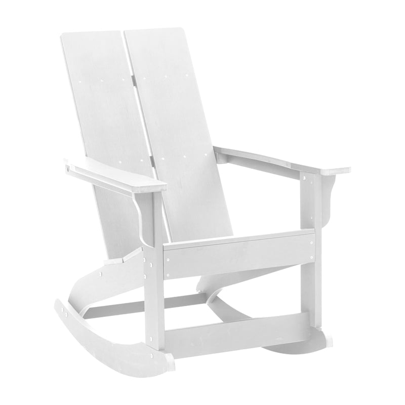 2 White Modern Dual Slat Poly Resin Adirondack Rocking Chairs with 1 Side Table