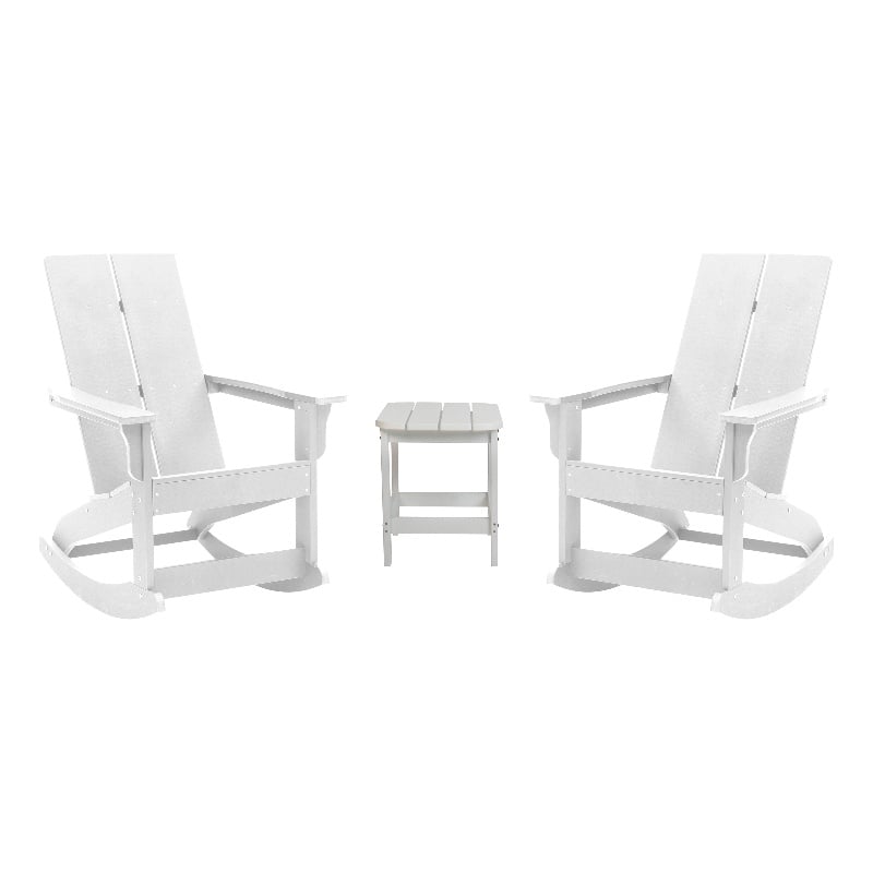 2 White Modern Dual Slat Poly Resin Adirondack Rocking Chairs with 1 Side Table