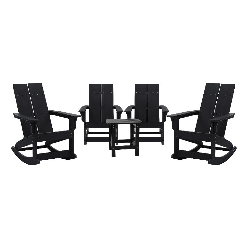 4 Black Modern Dual Slat Poly Resin Adirondack Rocking Chairs with 1 Side Table
