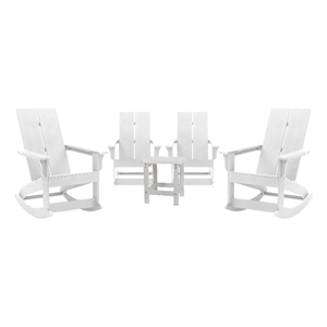 4 White Modern Dual Slat Poly Resin Adirondack Rocking Chairs with 1 Side Table