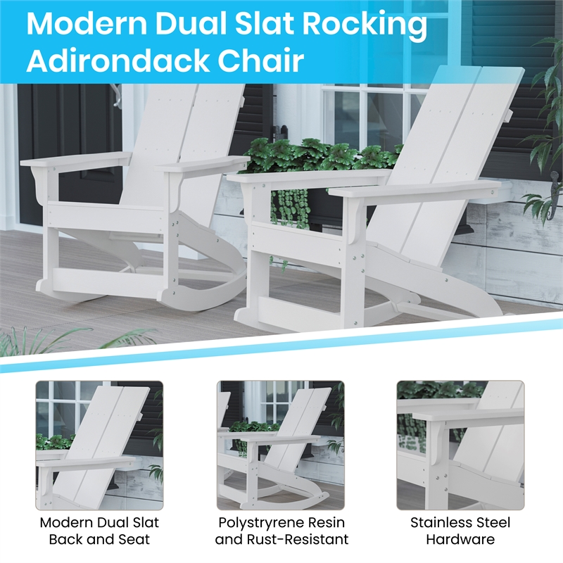 4 White Modern Dual Slat Poly Resin Adirondack Rocking Chairs with 1 Side Table