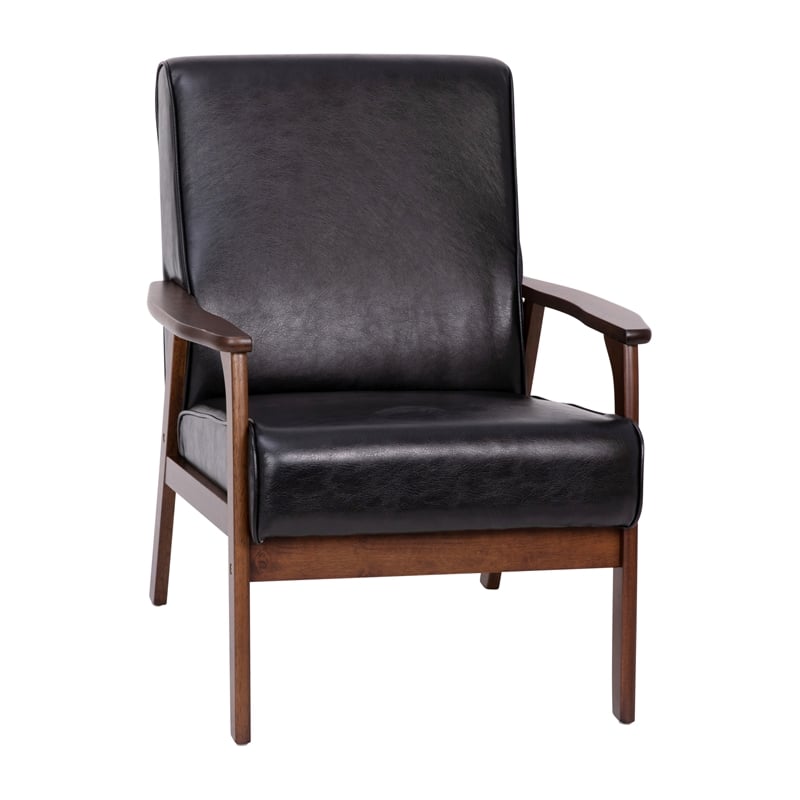 Mid-Century Modern Black LeatherSoft Arm Chair with Wooden Frame and Arms
