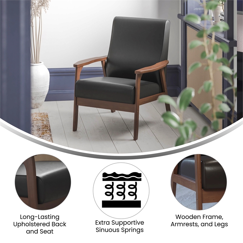 Mid-Century Modern Black LeatherSoft Arm Chair with Wooden Frame and Arms