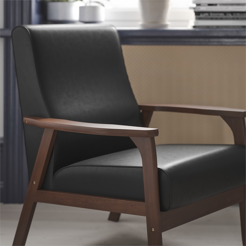 Mid-Century Modern Black LeatherSoft Arm Chair with Wooden Frame and Arms
