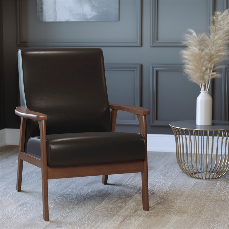 Mid-Century Modern Black LeatherSoft Arm Chair with Wooden Frame and Arms