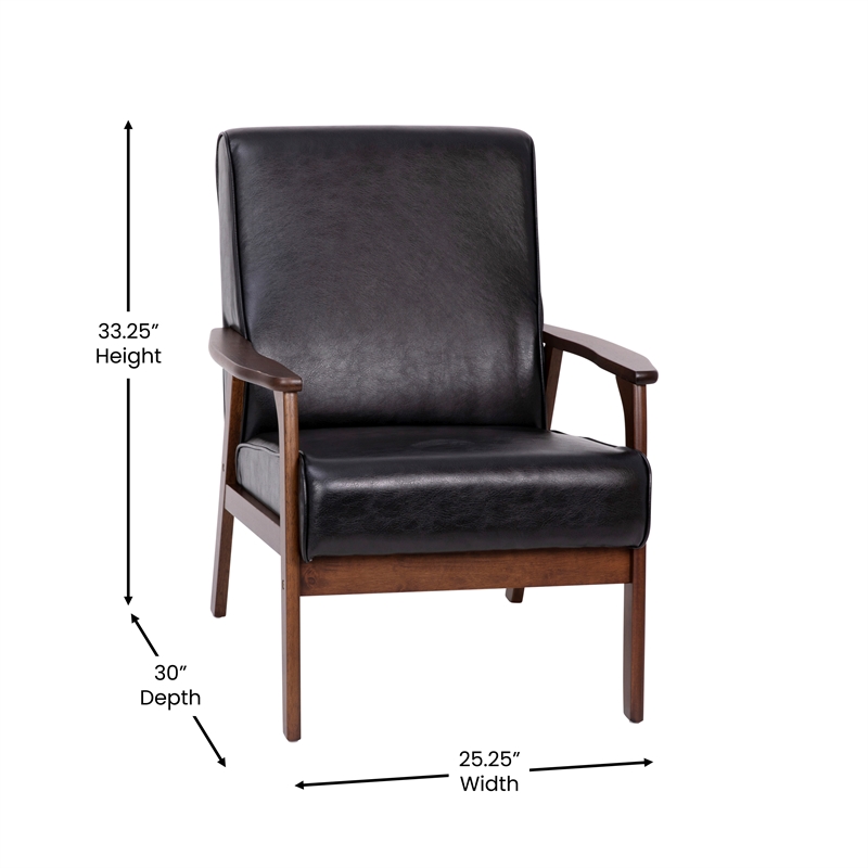 Mid-Century Modern Black LeatherSoft Arm Chair with Wooden Frame and Arms
