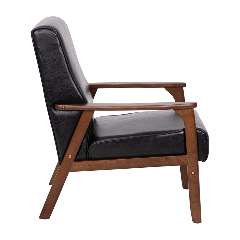 Mid-Century Modern Black LeatherSoft Arm Chair with Wooden Frame and Arms