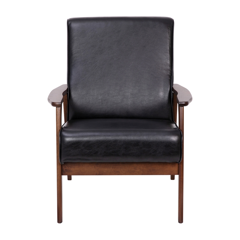 Mid-Century Modern Black LeatherSoft Arm Chair with Wooden Frame and Arms