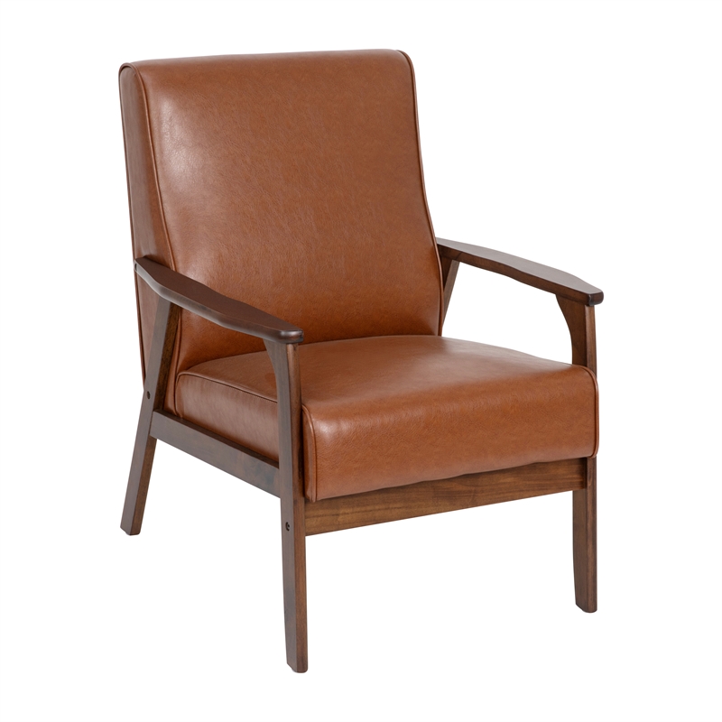 Mid-Century Modern Cognac LeatherSoft Arm Chair with Wooden Frame and Arms