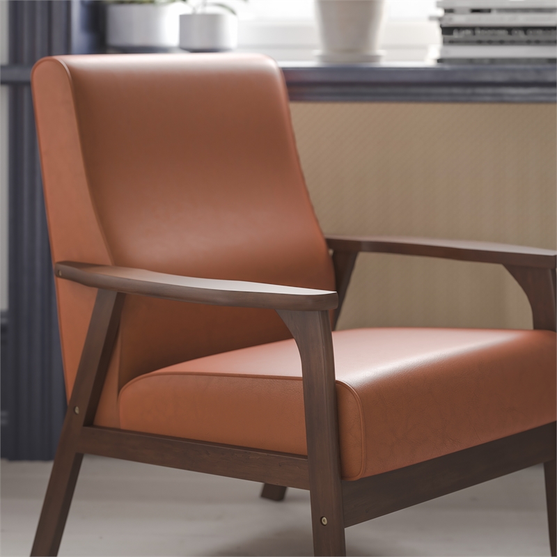 Mid-Century Modern Cognac LeatherSoft Arm Chair with Wooden Frame and Arms