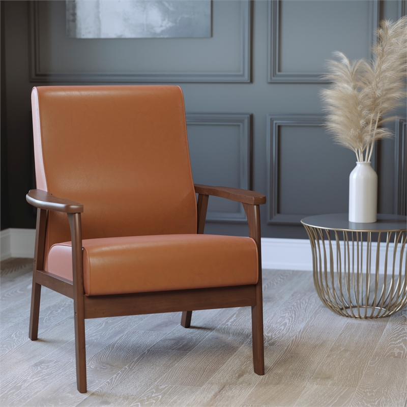 Mid-Century Modern Cognac LeatherSoft Arm Chair with Wooden Frame and Arms