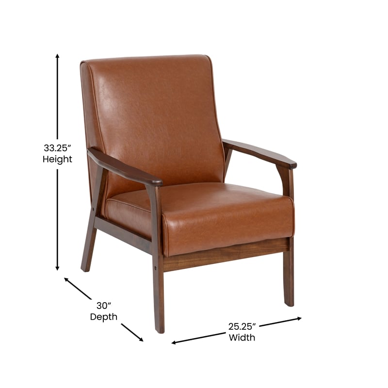 Mid-Century Modern Cognac LeatherSoft Arm Chair with Wooden Frame and Arms