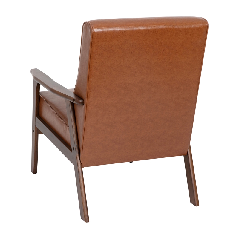Mid-Century Modern Cognac LeatherSoft Arm Chair with Wooden Frame and Arms
