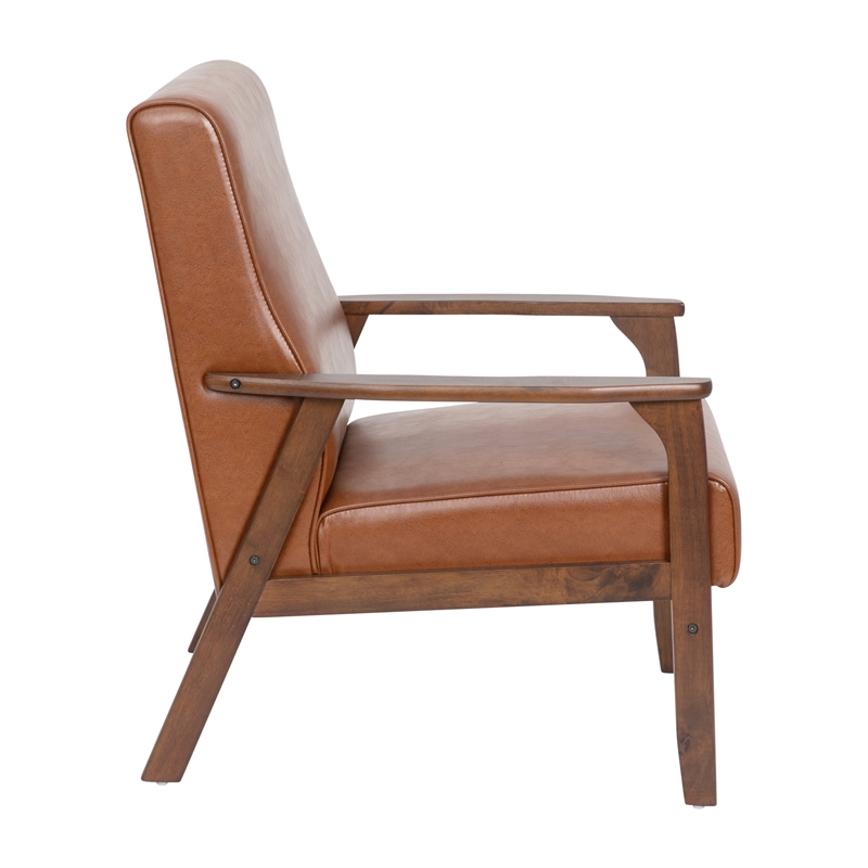 Mid-Century Modern Cognac LeatherSoft Arm Chair with Wooden Frame and Arms