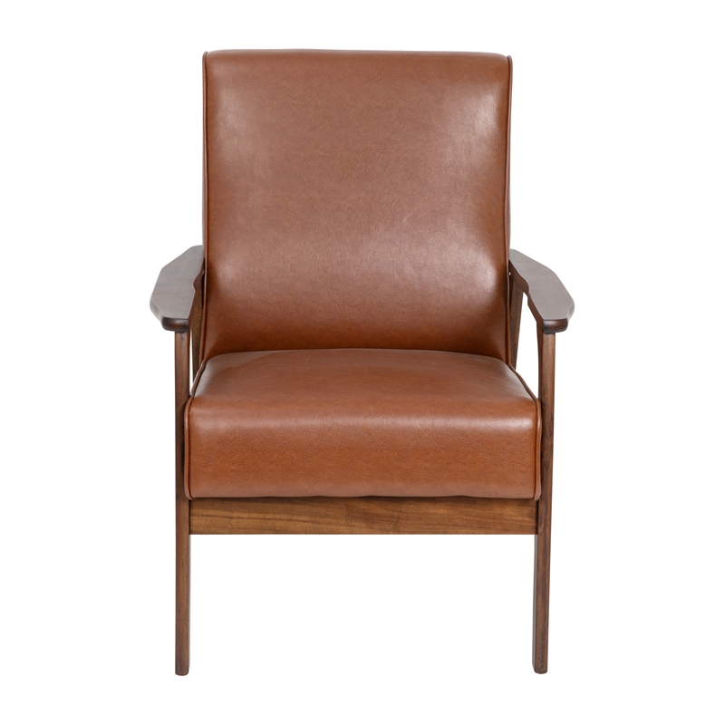 Mid-Century Modern Cognac LeatherSoft Arm Chair with Wooden Frame and Arms