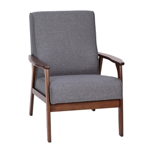 Mid-Century Modern Gray Faux Linen Arm Chair with Wooden Frame and Arms