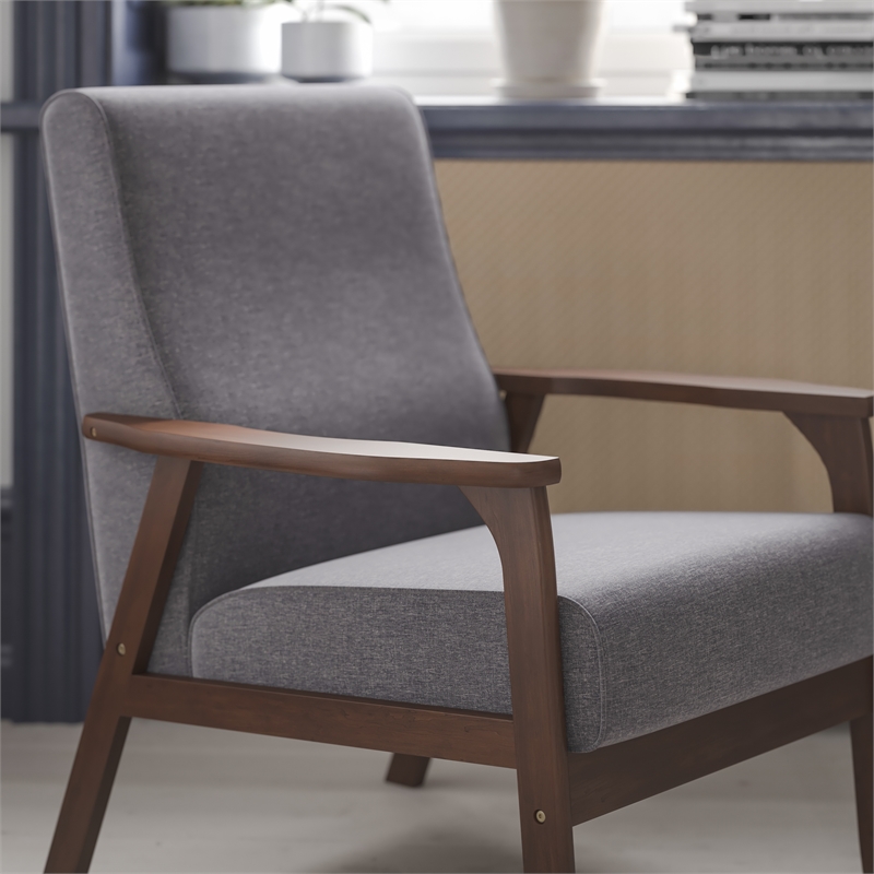 Mid-Century Modern Gray Faux Linen Arm Chair with Wooden Frame and Arms