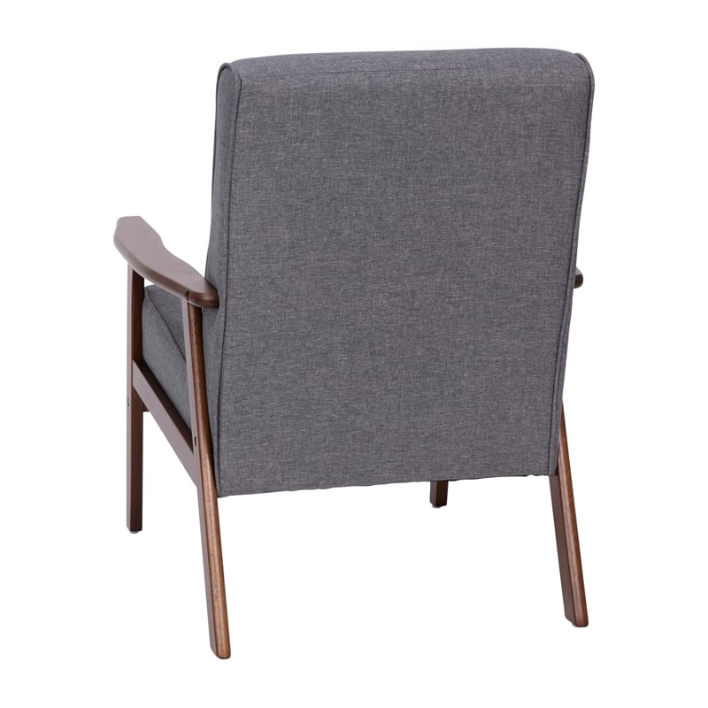 Mid-Century Modern Gray Faux Linen Arm Chair with Wooden Frame and Arms