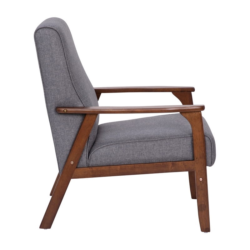 Mid-Century Modern Gray Faux Linen Arm Chair with Wooden Frame and Arms