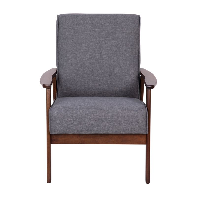 Mid-Century Modern Gray Faux Linen Arm Chair with Wooden Frame and Arms