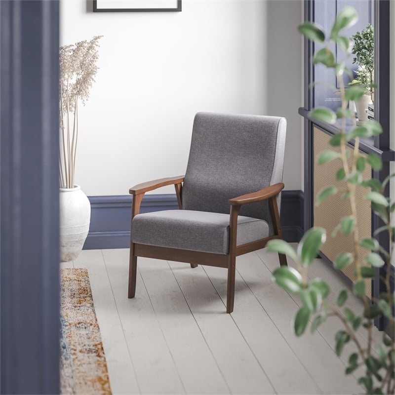 Mid-Century Modern Gray Faux Linen Arm Chair with Wooden Frame and Arms