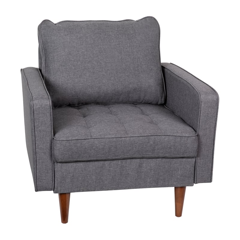 Compact Dark Gray Faux Linen Upholstered Tufted Chair with Wooden Legs