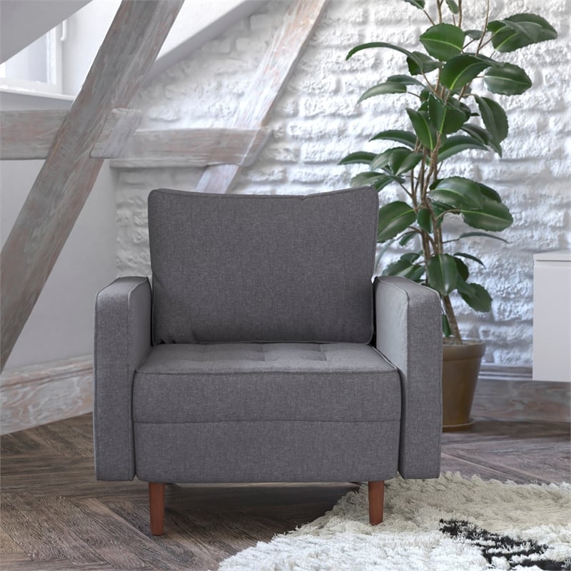 Compact Dark Gray Faux Linen Upholstered Tufted Chair with Wooden Legs