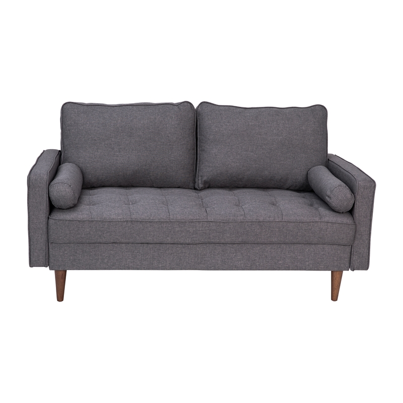 Compact Dark Gray Faux Linen Upholstered Tufted Loveseat with Wooden Legs