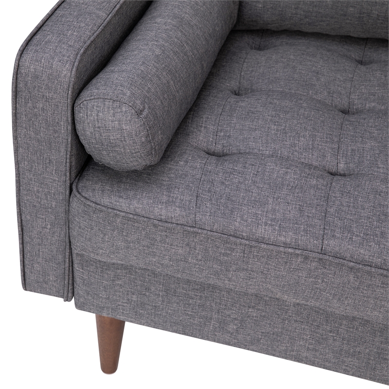 Compact Dark Gray Faux Linen Upholstered Tufted Loveseat with Wooden Legs