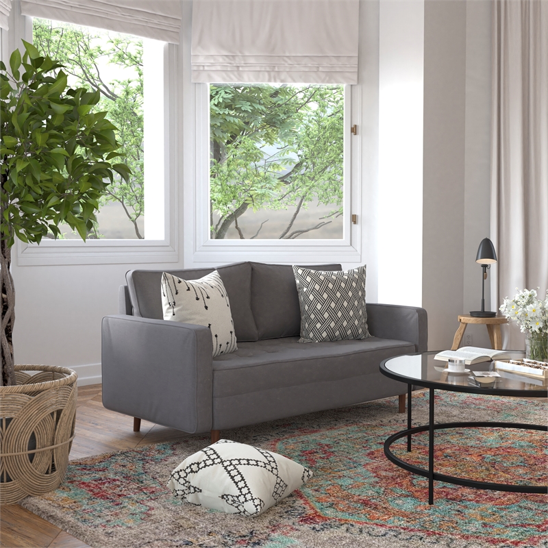 Compact Dark Gray Faux Linen Upholstered Tufted Loveseat with Wooden Legs