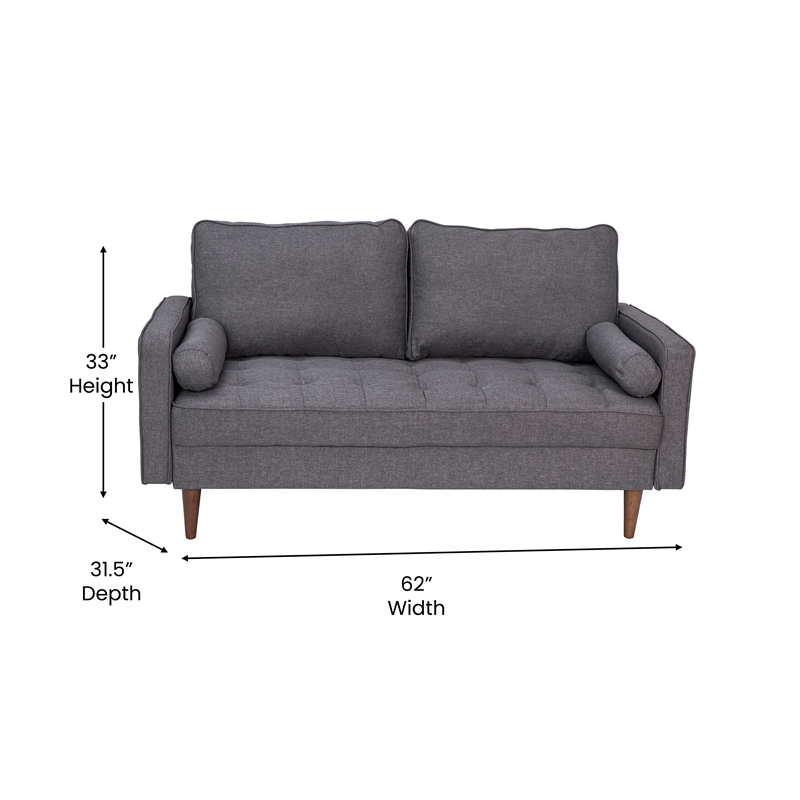 Compact Dark Gray Faux Linen Upholstered Tufted Loveseat with Wooden Legs
